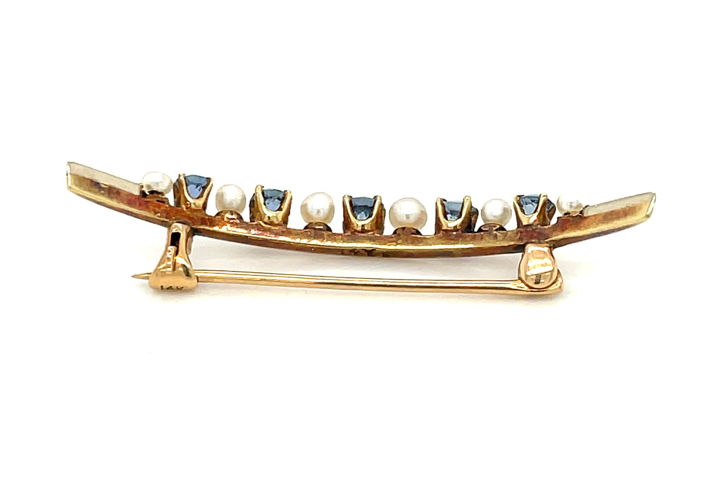 14k Yellow Gold Sapphire and Pearl Cresent Pin 1.8g