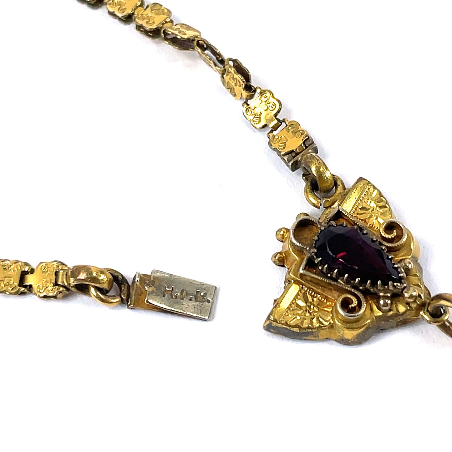 Victorian Gold Filled Bookchain Necklace Garnet Seed Pearl