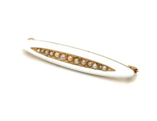 VIctorian 14k Yellow Gold Seed Pearls White Enamel Pin