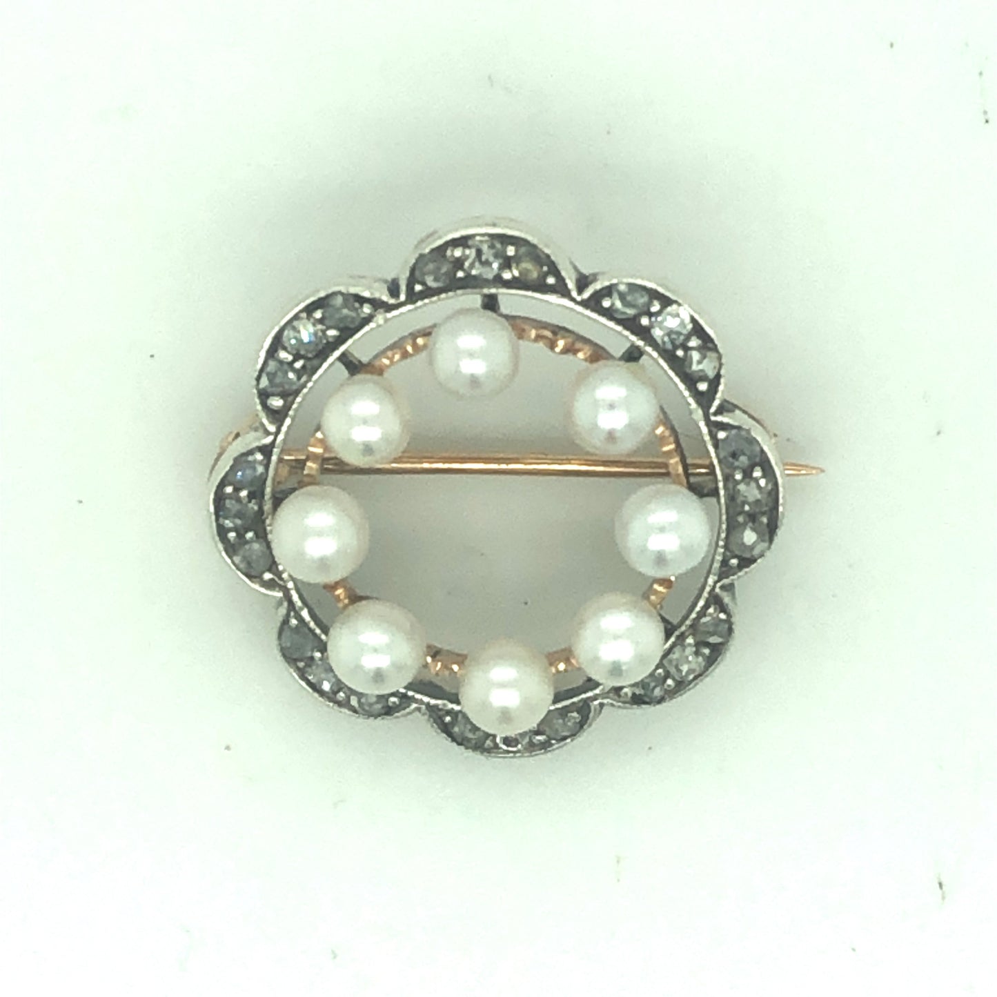 10k Natural fresh Water Pearls And Old Mine Cut Diamonds Pin