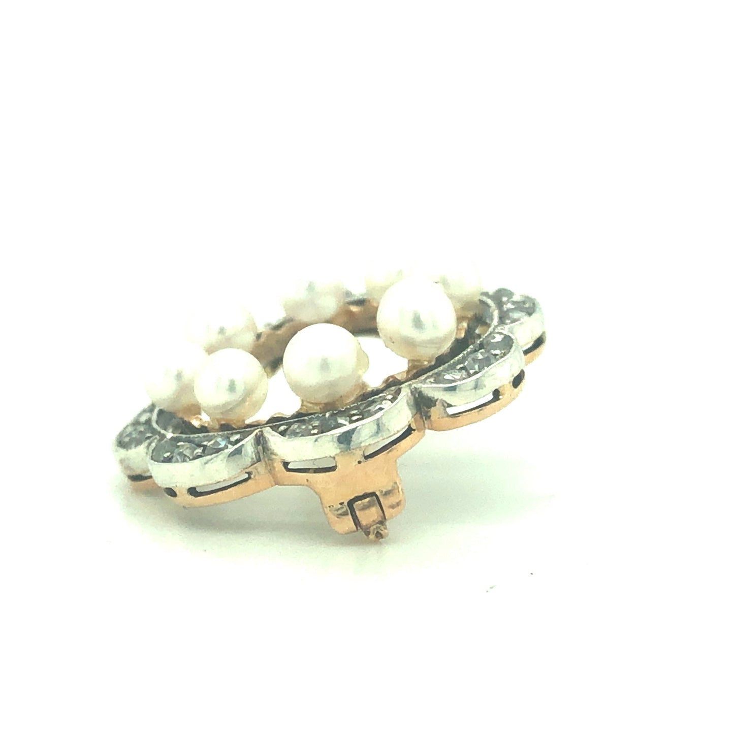 10k Natural fresh Water Pearls And Old Mine Cut Diamonds Pin