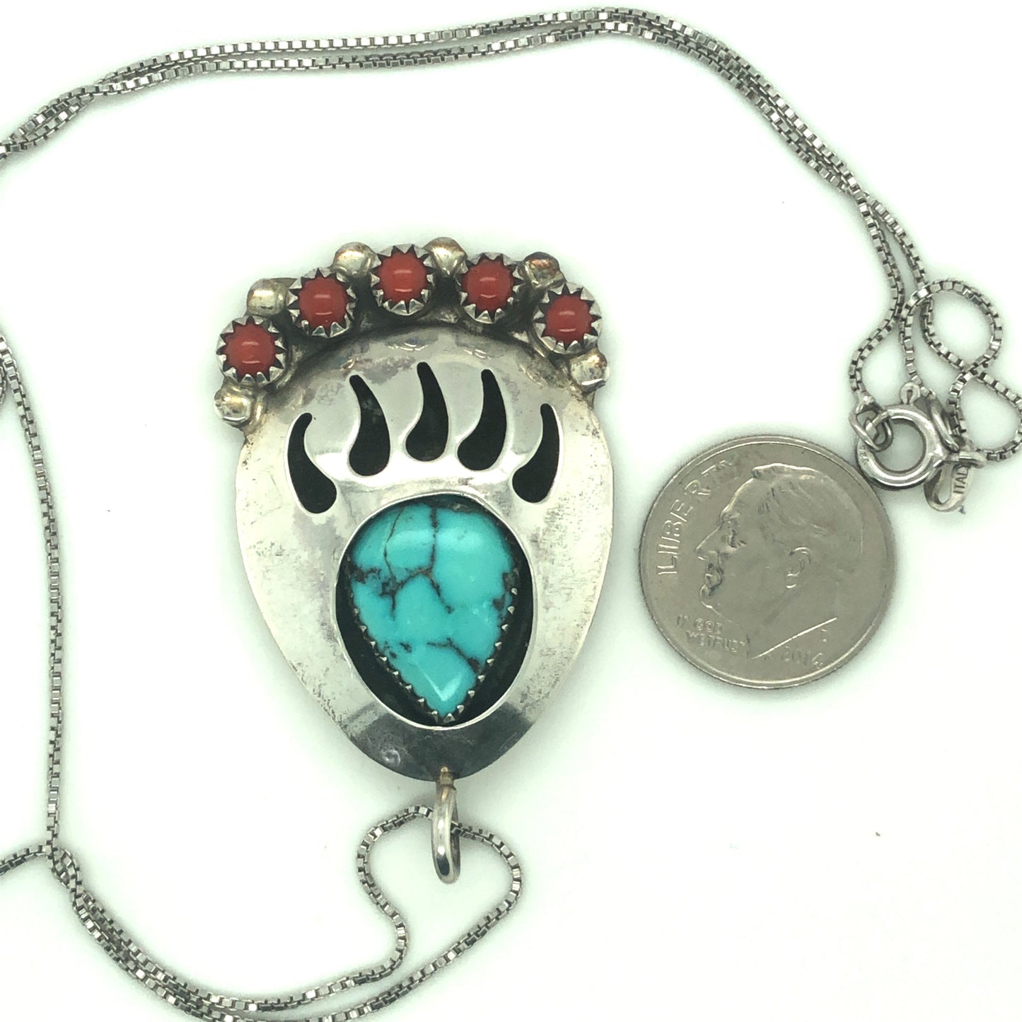 Sterling Silver Turquoise and Coral Bear Paw Earrings and Necklace Pendant