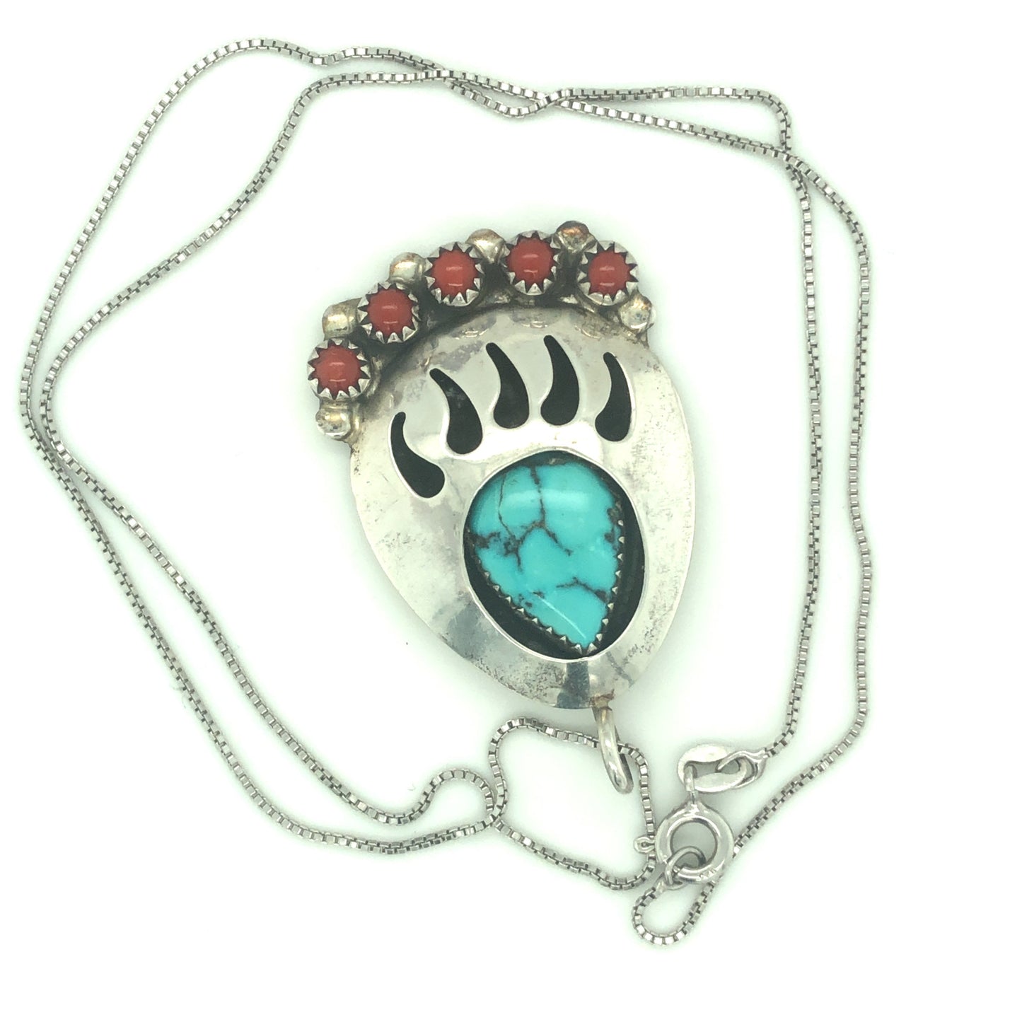 Sterling Silver Turquoise and Coral Bear Paw Earrings and Necklace Pendant