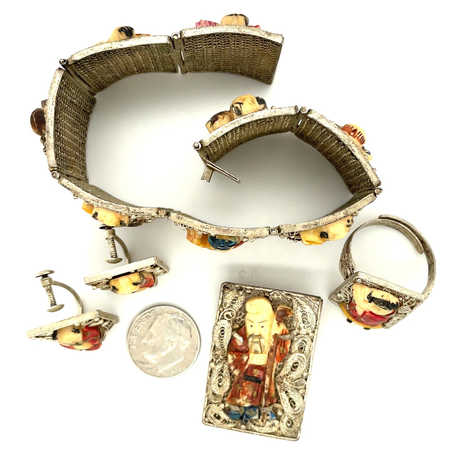 Vintage Carved Bone Chinese Immortal Gods Bracelet Ring Brooch Earrings Set