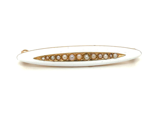 VIctorian 14k Yellow Gold Seed Pearls White Enamel Pin