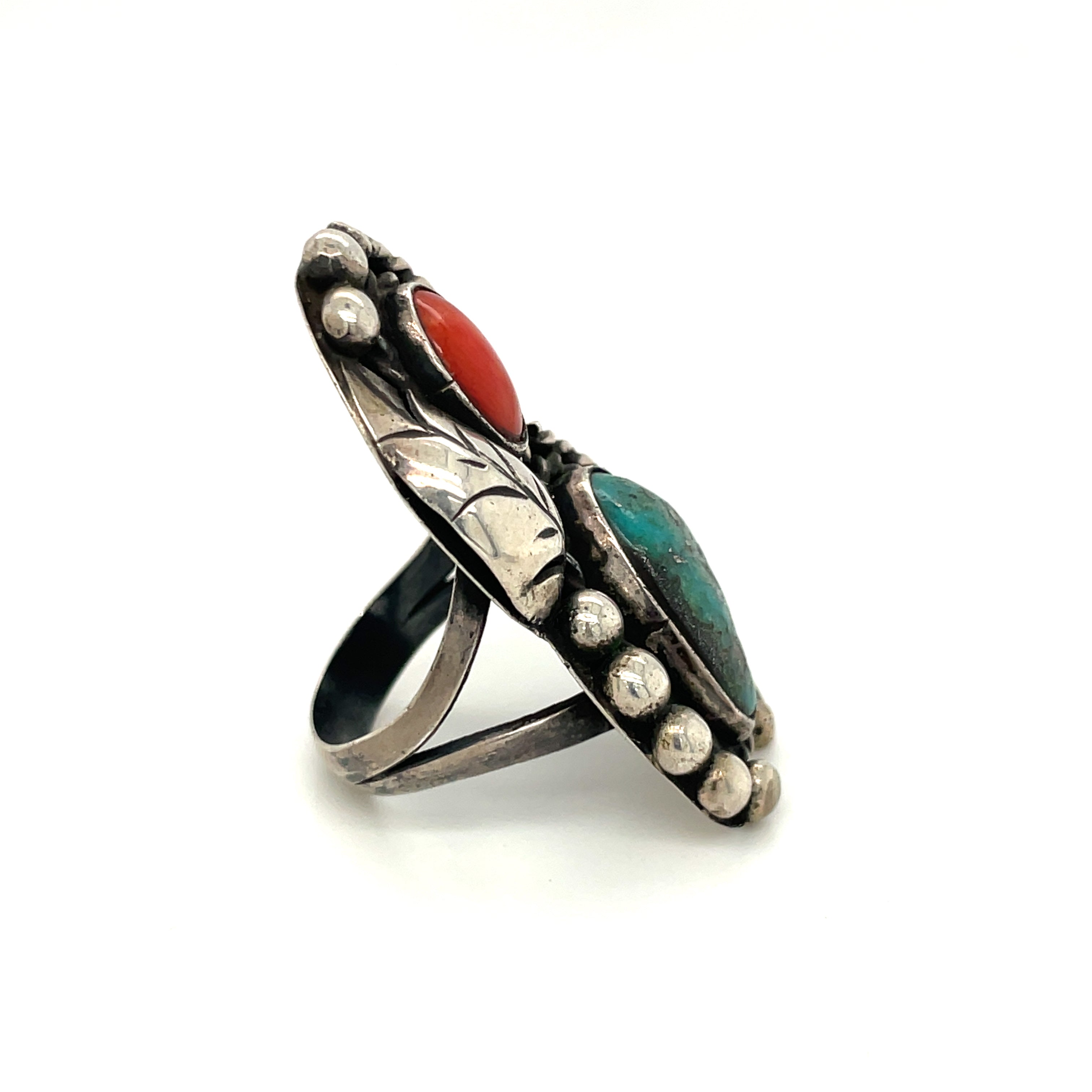 Fashion Vintage Southwestern Sterling Silver Turquoise & Coral Ring