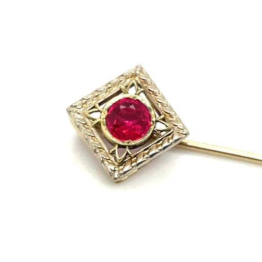 Antique Hand Fabricated 14k Gold Stick Pin With .25 CT Synthetic Ruby 1.6 grams