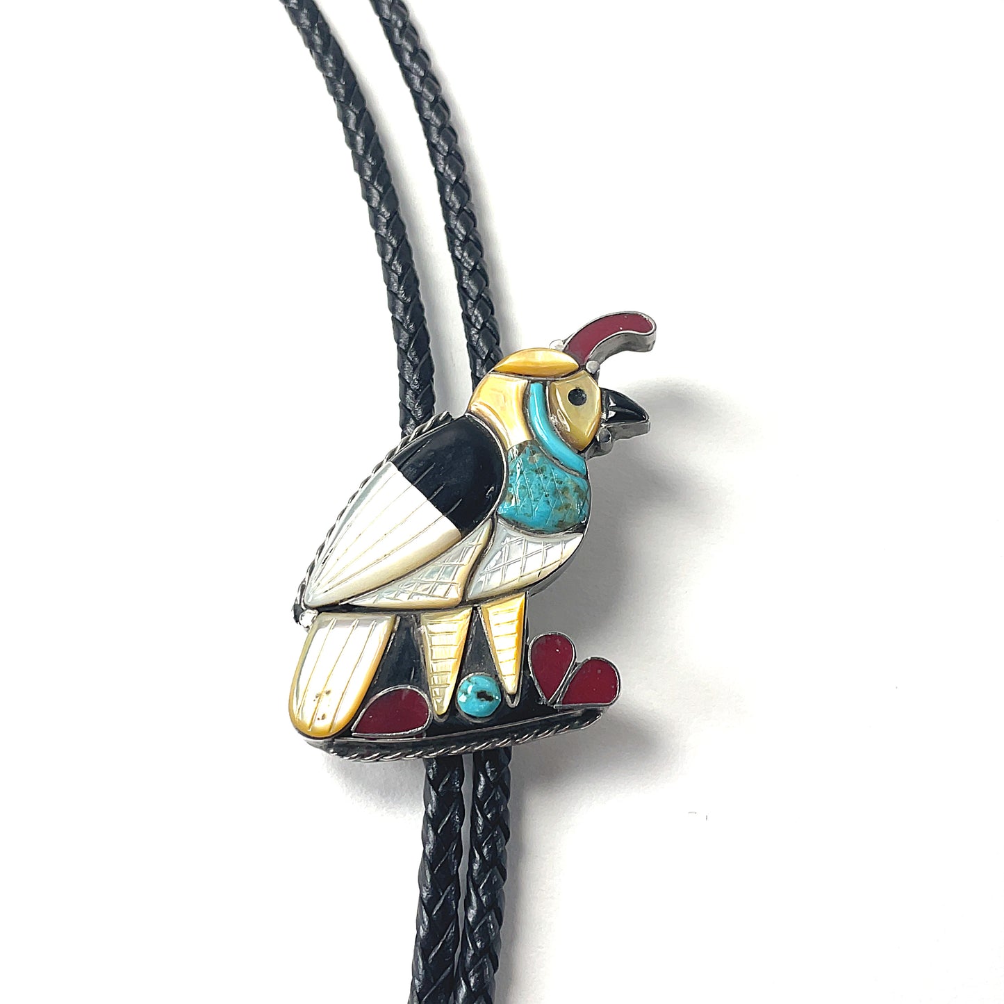 Vintage Southwestern Quail Bolo Tie Turquoise Coral Mother of Pearl Jet Southwestern