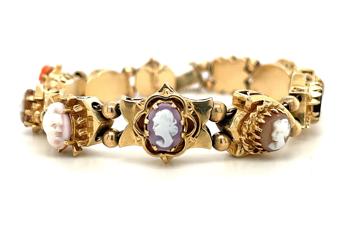 Antique Victorian 14k Gold Cameo Bracelet Coral Jade Shell Filigree 31.7g 7.25”