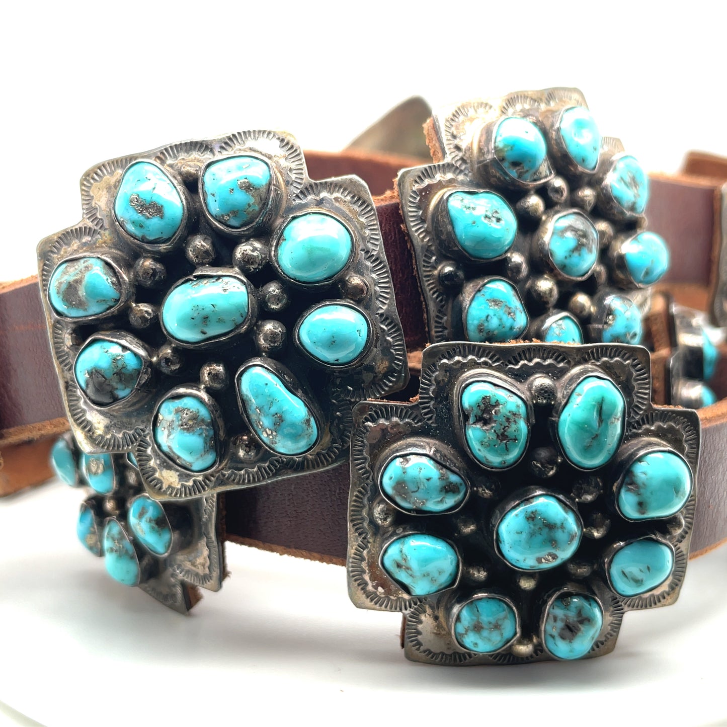 Vintage Morenci Turquoise and Sterling Silver Santa Fe Cross Belt Buckle and Conchos Daniel Martinez