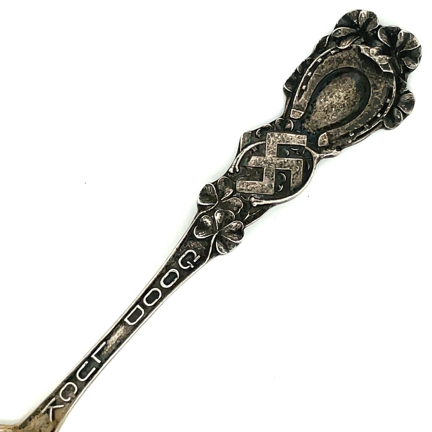 Sterling Silver Souvenir Spoon Good Luck Four Leaf Clover Horseshoe Whirling Logs