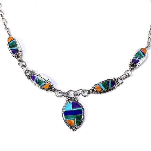 Southwestern Sterling Silver Inlay Necklace 38g 25 1/2"