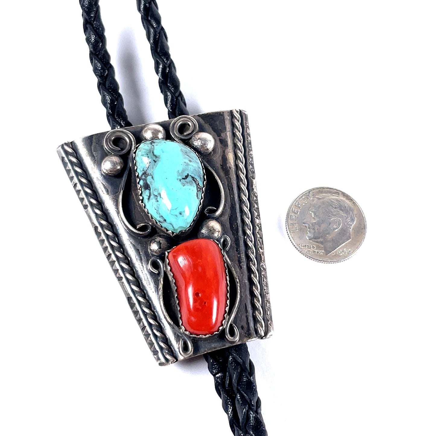 Vintage Turquoise and Coral Sterling Silver Bolo Tie Southwestern