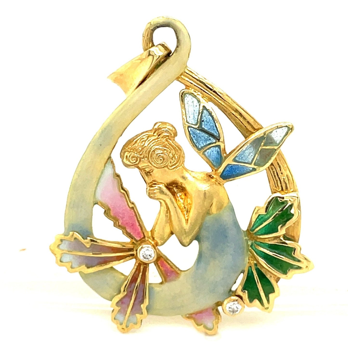18K Art Nouveau Style Plique A Jour Enamel Diamond Nymph Fairy  Pendant Nouveau 1910