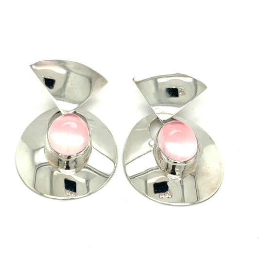 Vintage Silver And Pink Moonstone Drop Earrings Signed CDF 1987