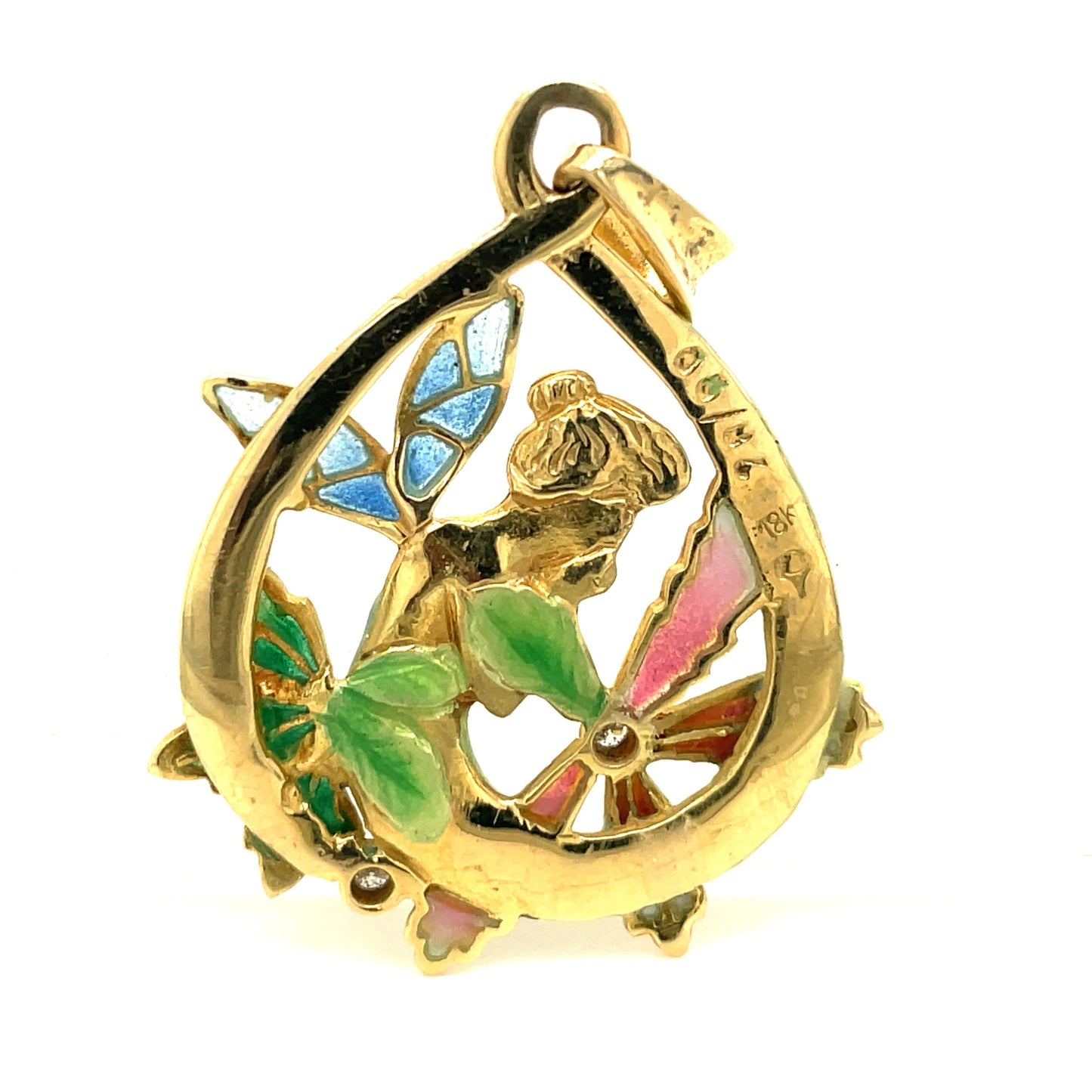 18K Art Nouveau Style Plique A Jour Enamel Diamond Nymph Fairy  Pendant Nouveau 1910