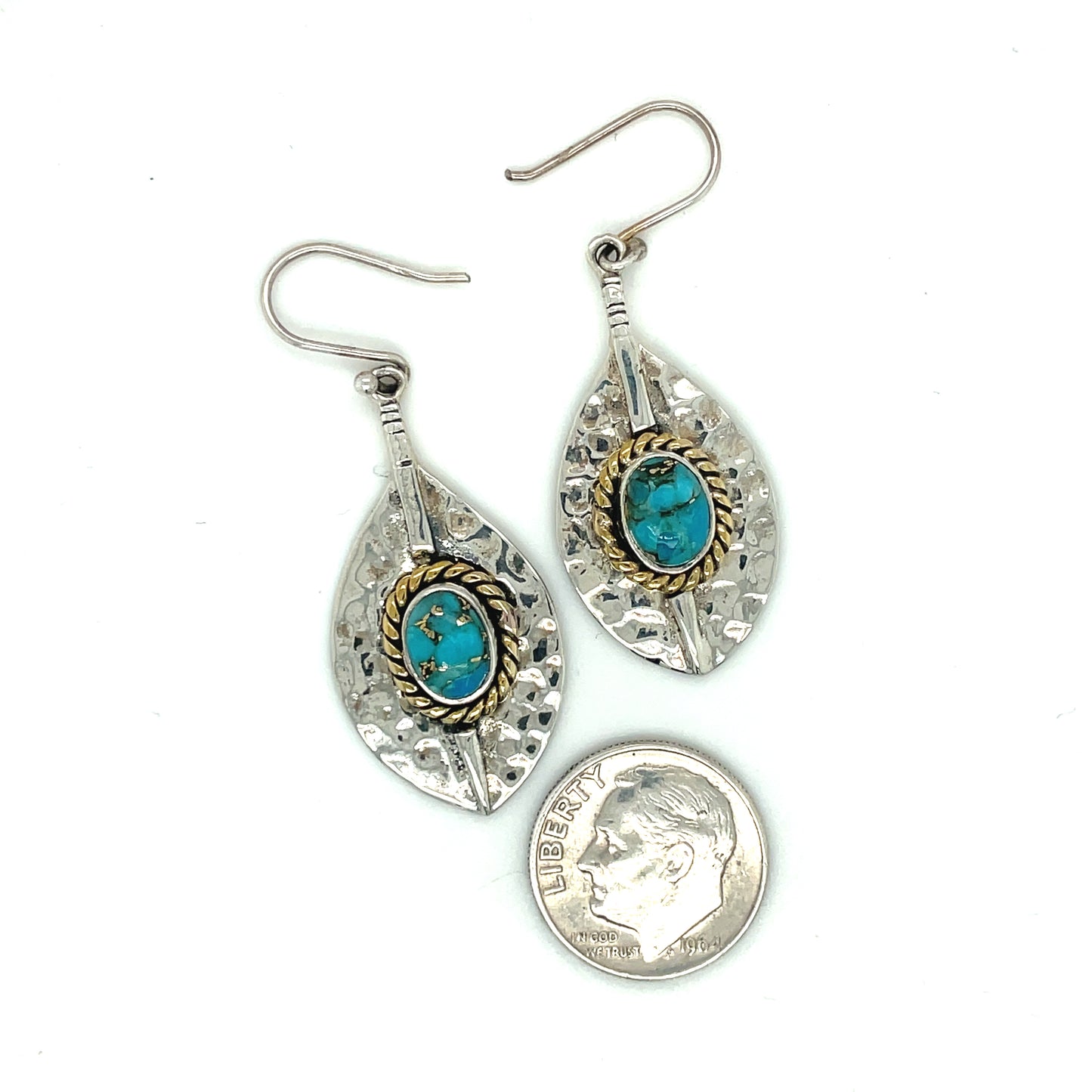 Sterling Silver, Brass and Turquoise Earrings 7.2 Grams