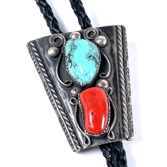 Vintage Turquoise and Coral Sterling Silver Bolo Tie Southwestern