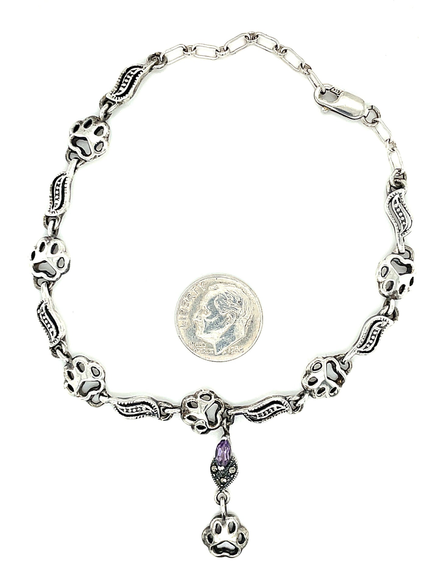 Sterling Silver and Amethyst Paw Print Bracelet 12.2 Grams