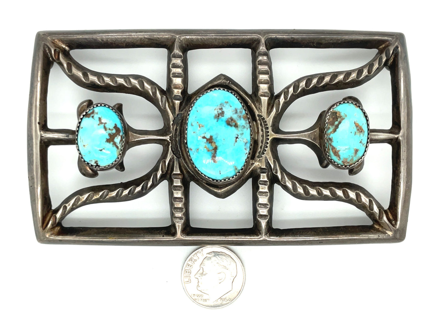 Vintage Southwestern Nevada Turquoise and Sterling Silver Bow Guard Ketoh Sand Cast 60’s