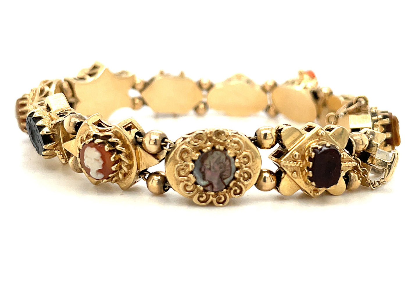 Antique Victorian 14k Gold Cameo Bracelet Coral Jade Shell Filigree 31.7g 7.25”