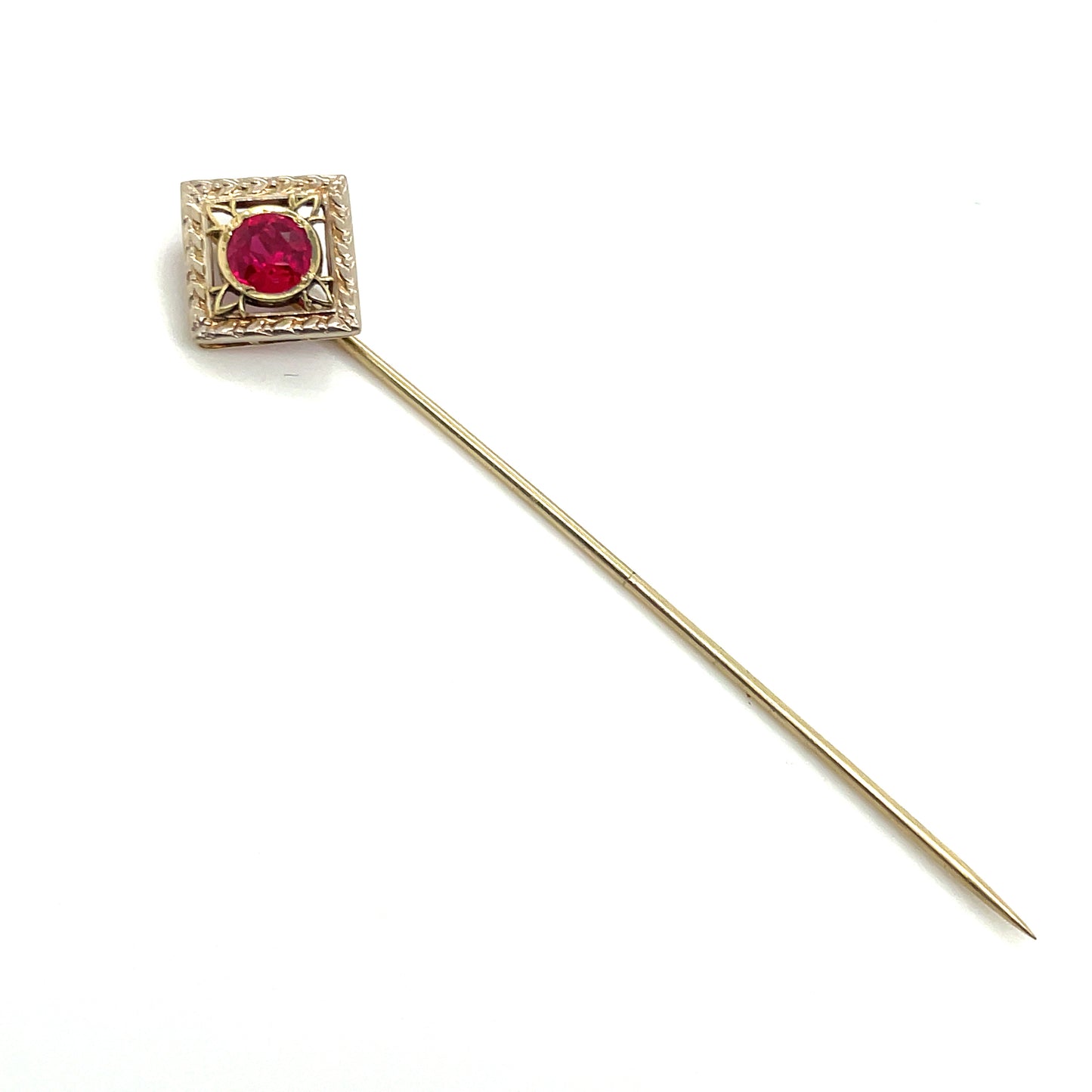 Antique Hand Fabricated 14k Gold Stick Pin With .25 CT Synthetic Ruby 1.6 grams