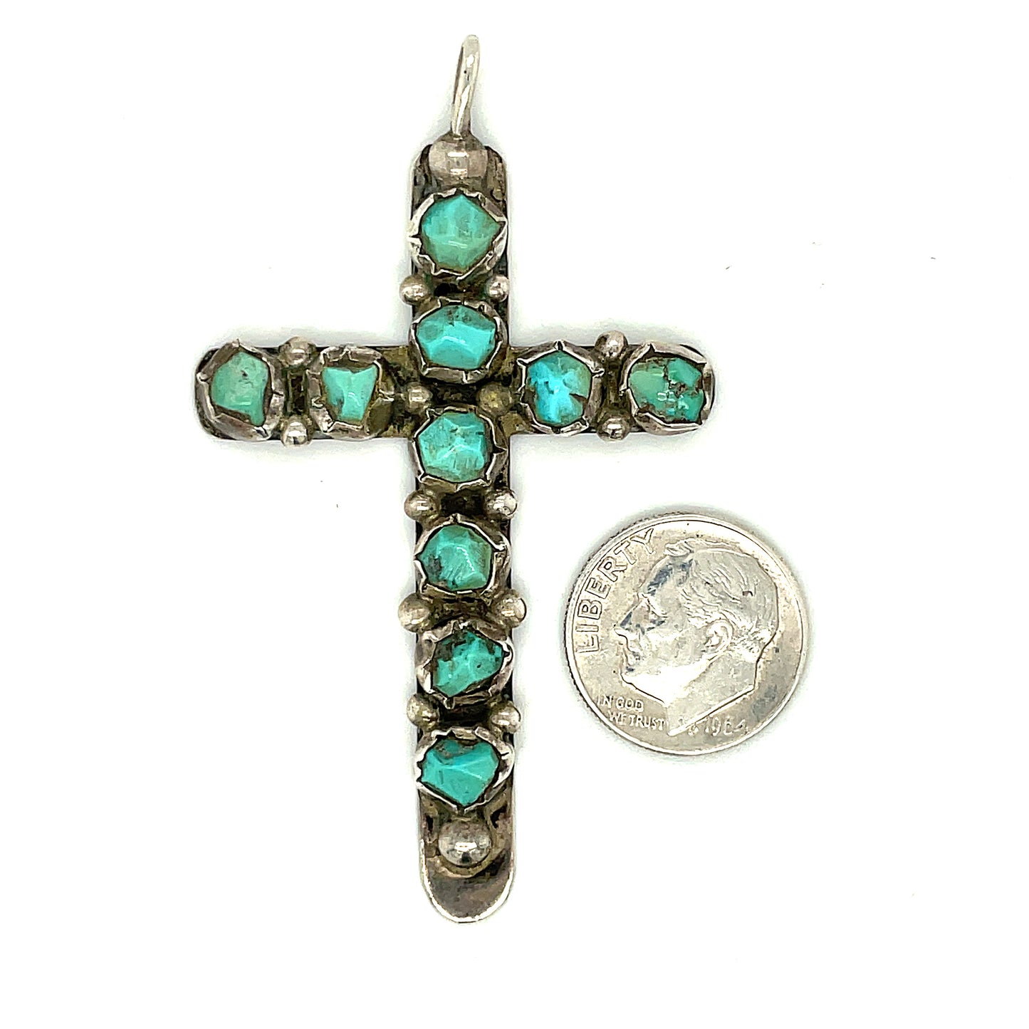 Old Pawn Southwestern Sterling Silver and Turquoise Cross Pendant 8.4 g