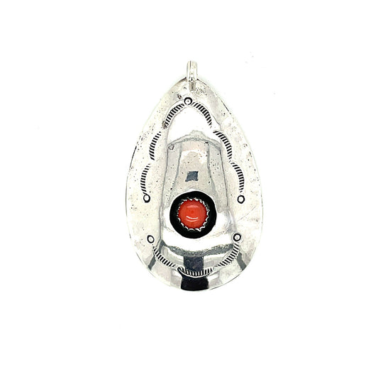 Southwestern Sterling Silver Shadowbox and Coral Pendant 7.8 Grams