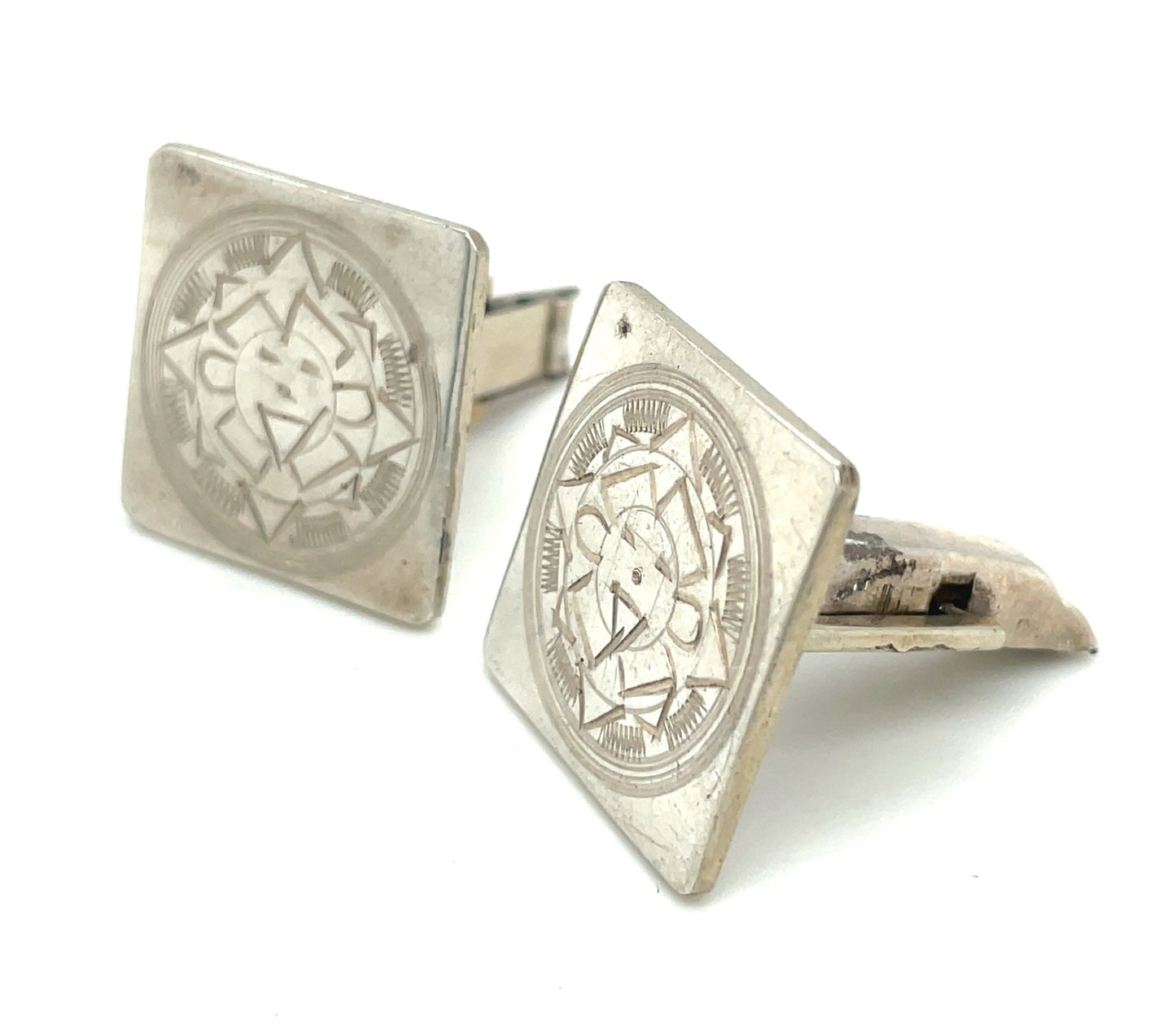 Vintage Sterling Silver Cuff Links Aztec Sun God Mexico 17.5 Grams