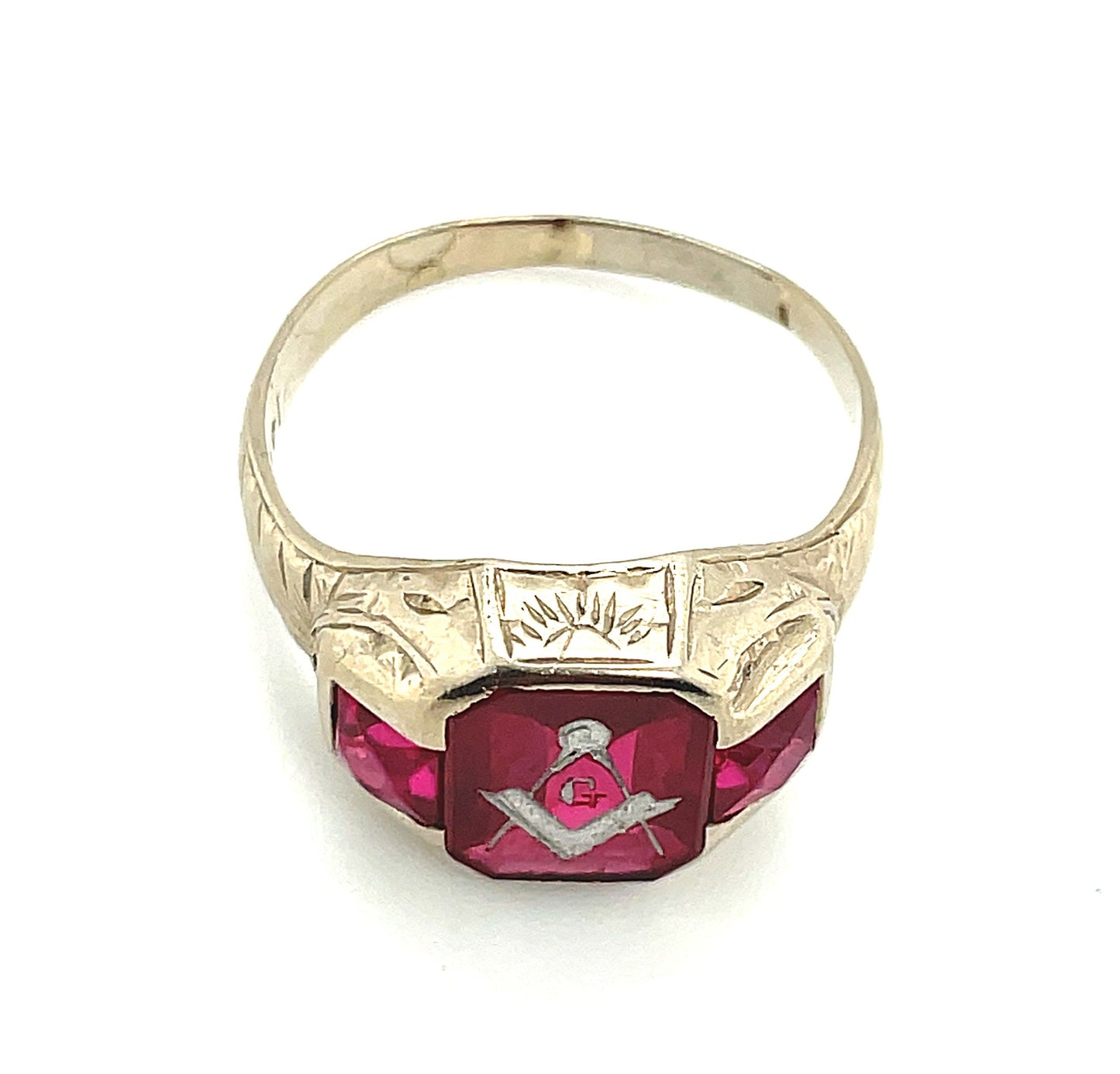 Vintage 14k Yellow Gold Masonic Ring Synthetic Rubies 6.08g Size 9.75