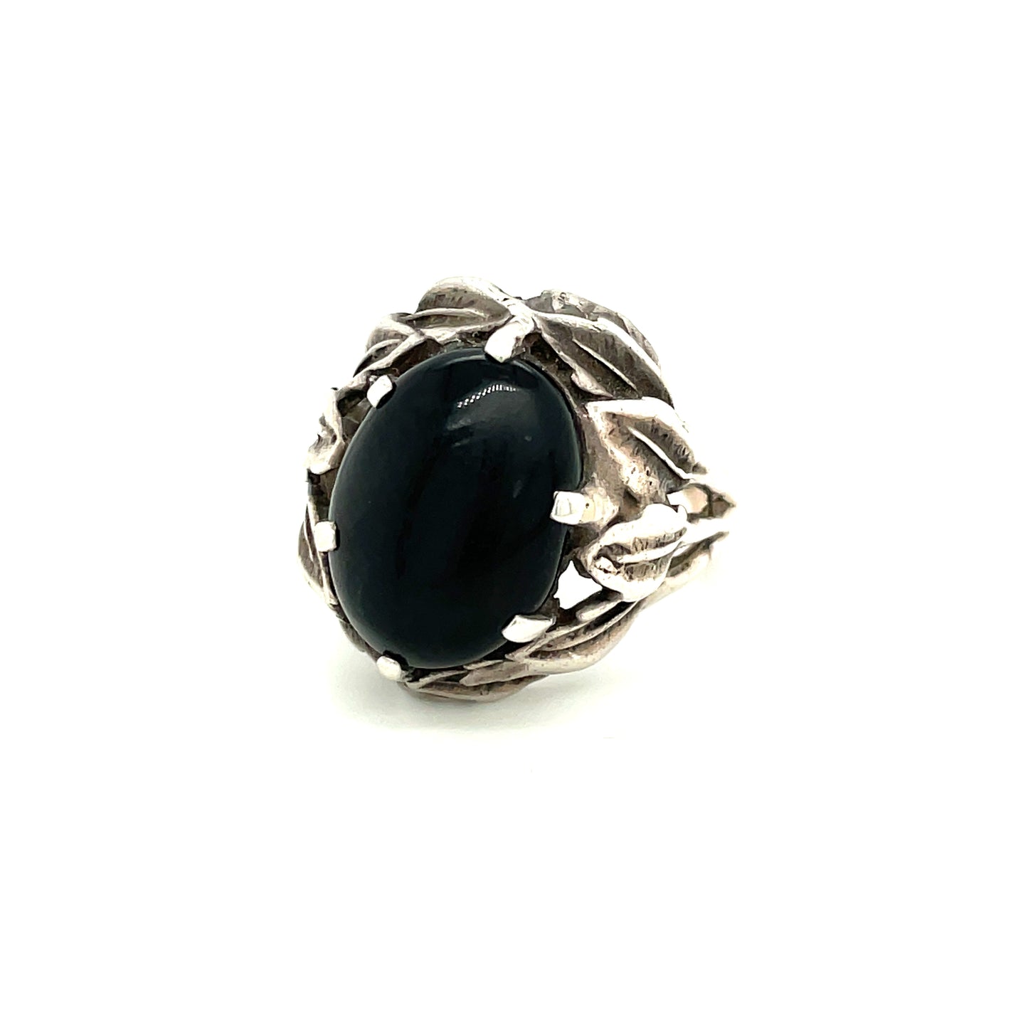 Sterling Silver Leaf and Onyx Ring Size 9