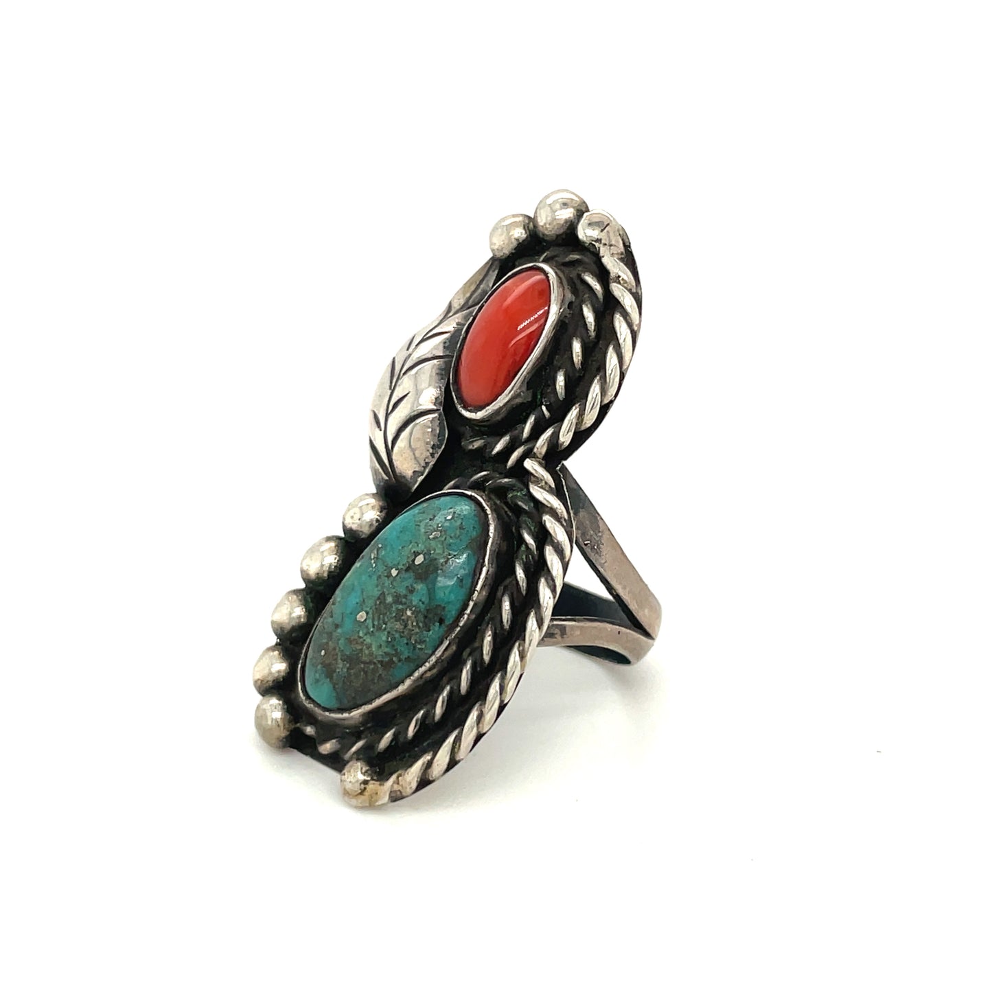 Vintage Southwestern Sterling Silver Turquoise and Coral Ring Size 6