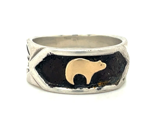 Vintage Southwestern Sterling Silver and 14k Gold Fetish Bear Ring Size 6 1/4”