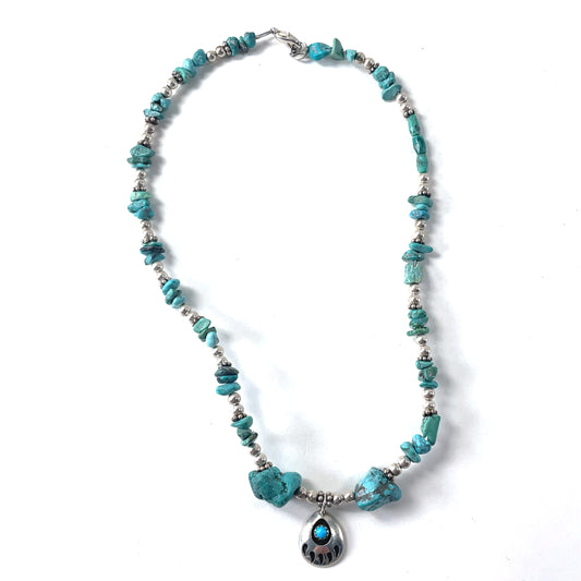Vintage Bear Paw Sterling Silver Turquoise and Beads Necklace