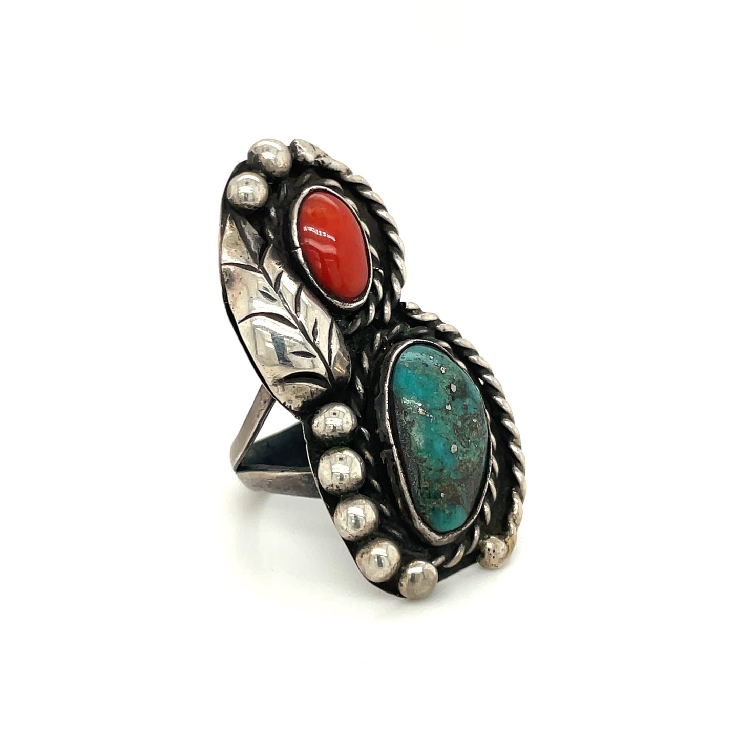 Vintage Southwestern Sterling Silver Turquoise and Coral Ring Size 6