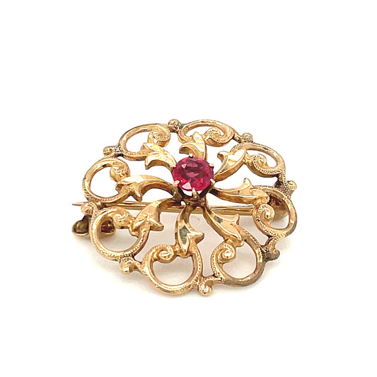 1980's Vintage 10k Yellow Gold Pin Brooch With Garnet 2.7g