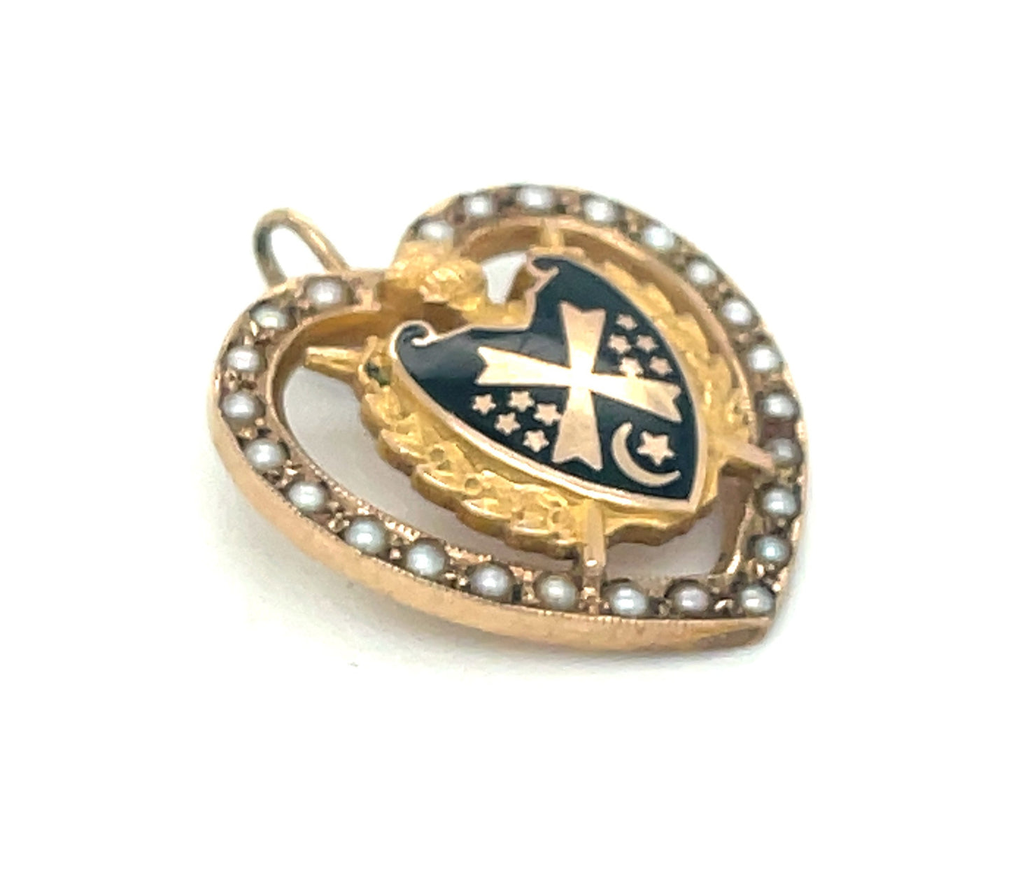 Vintage 10k Gold Heart Sorority Pendant Seed Pearls, Black Enamel, Crescent Moon and Stars, Shield