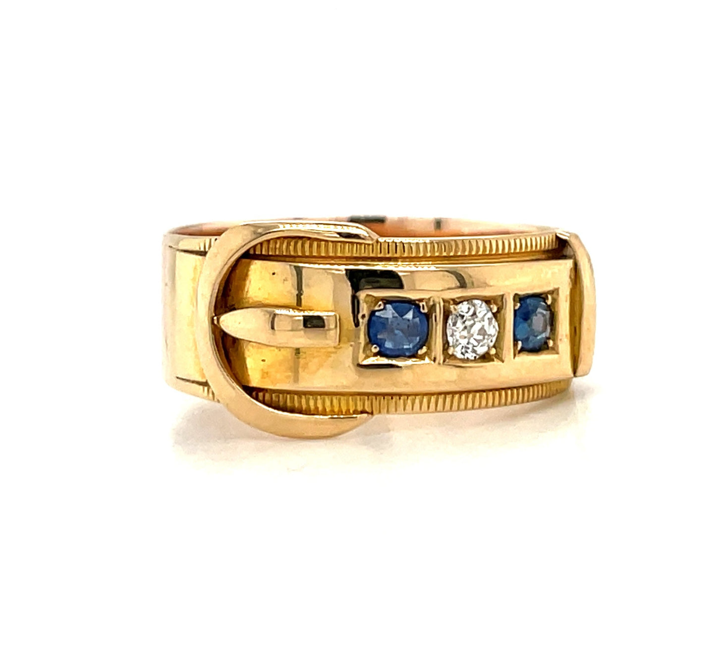 Vintage 14k Yellow Gold Diamond and Sapphire Buckle Ring Size 7