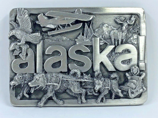 Vintage Alaska Belt Buckle In Box Souvenir Belt Buckle 1984 Dog Sled Moose Plane